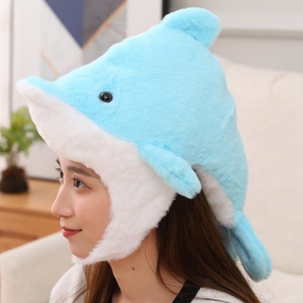 Blue Dolphin Plush Hat, Super Soft Warm With Ear Flaps, Party Halloween Custom - Picture 6 of 6